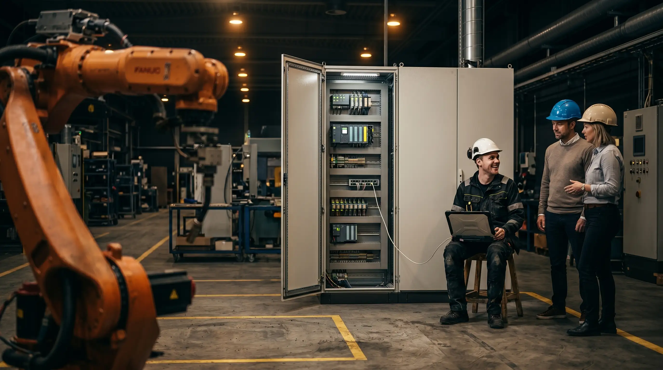 Three engineers at an open control cabinet on a factory floor — one seated with a laptop, two standing and talking — with a Siemens PLC and wiring visible inside the cabinet and an orange FANUC robot arm in the foreground