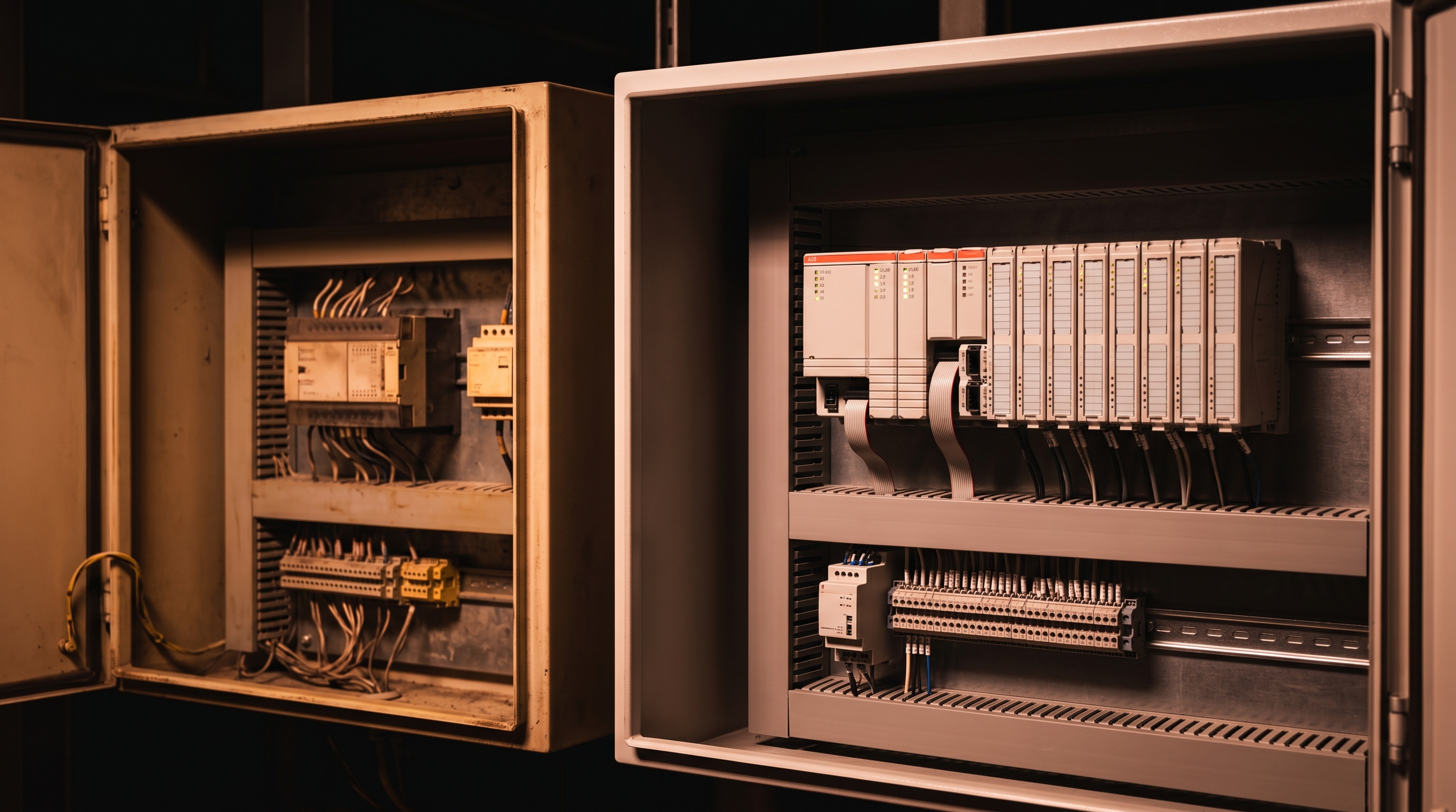 Two control cabinets side by side: an aged cabinet housing a 1990s Mitsubishi FX PLC on the left, and a new cabinet with an ABB 800xA controller and I/O rack on the right