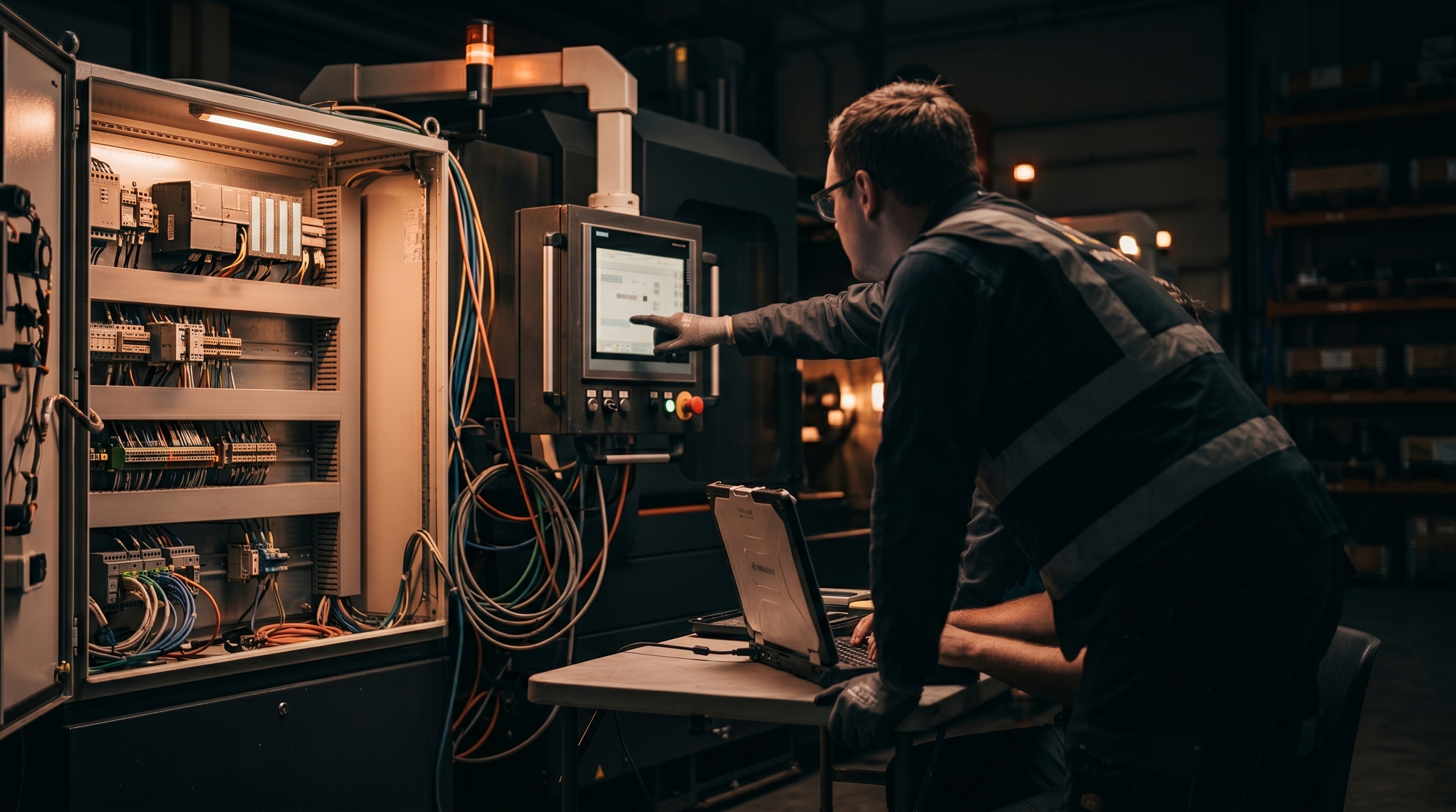 An engineer in a hi-vis vest leans over a rugged laptop at the machine, pointing at an HMI touchscreen during commissioning, with an open control cabinet and PLC beside him