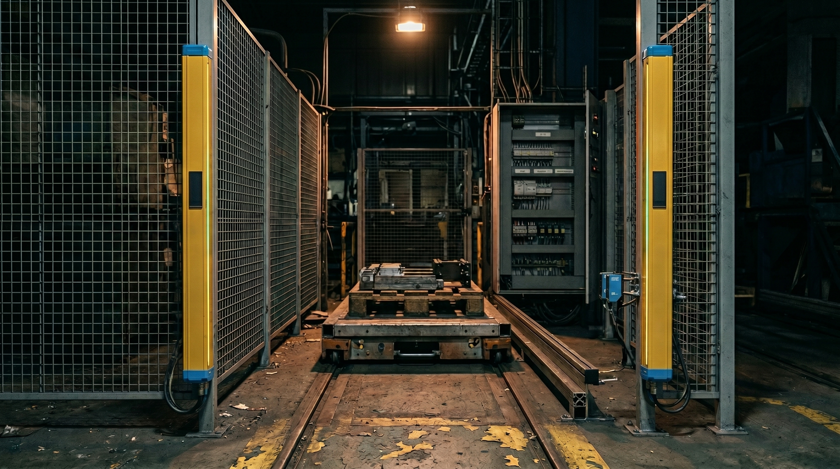 Ein Transportwagen, der zwischen der Sender- und der Empfängersäule eines SICK-Lichtvorhangs in einer abgedunkelten Industriehalle stehen geblieben ist, der Schutzbereich von einem einzelnen warmen Deckenlicht beleuchtet