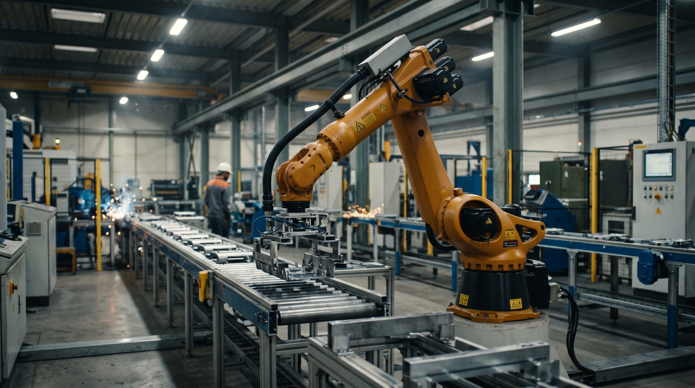 A six-axis industrial robot arm tending a production line, with an engineer working at a welding station in the background