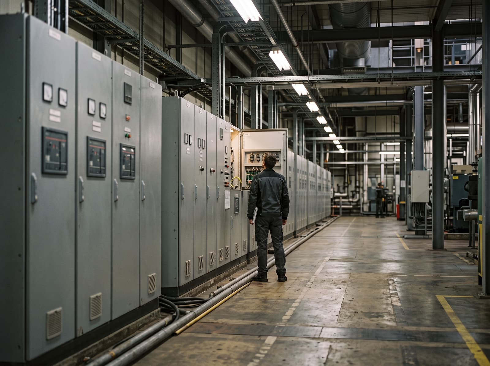 A lone technician seen from behind, dwarfed by a long row of grey control cabinets in a large plant room, standing at the one cabinet whose door is open